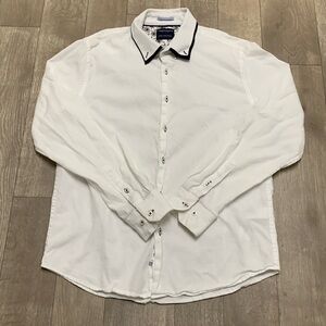 Mens Denim & Flower Button Down‎ White Causal Shirt